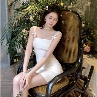 เดรสย้อนยุค เดรสสายเดี่ยว สั้น คอเหลี่ยม ผูกโบว์ ทรงเข้ารูป