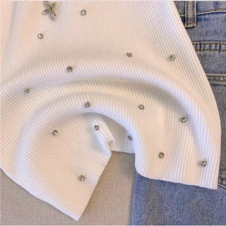 (พร้อมส่ง/ใหม่#80001-1) เสื้อสายเดี่ยวแขนกุดผ้าถัก เสื้อสตรีไหมพรม เสื้อกล้ามผู้หญิงประดับเพชรเก๋ไก๋สไตล์เกาหลี