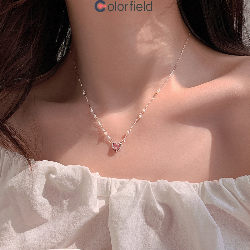 Colorfield สร้อยคอจี้หัวใจคริสตัลสีชมพูมุกหรูหราสําหรับผู้หญิงอุปกรณ์เครื่องประดับไม่ทําให้แพ้ง่าย ปรับได้-ส่งเร็ว🚚