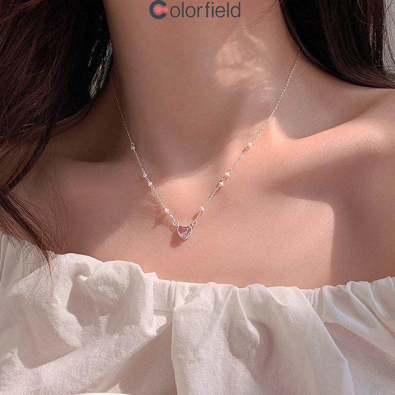Colorfield สร้อยคอจี้หัวใจคริสตัลสีชมพูมุกหรูหราสําหรับผู้หญิงอุปกรณ์เครื่องประดับไม่ทําให้แพ้ง่าย ปรับได้-ส่งเร็ว🚚