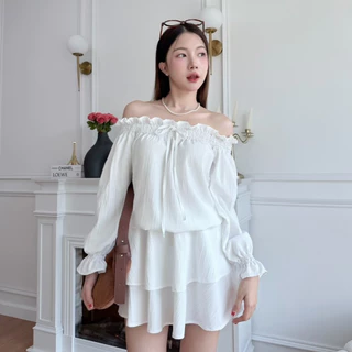 Emma mini dress : เดรสปาดไหล่แขนยาว แต่งจั้มเอว ชายระบาย2ชั้น เนื้อผ้าลายเปลือกไม้ KN.Clothes