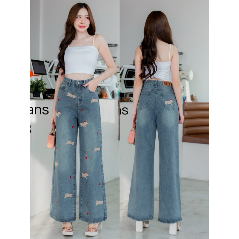 7743-1#กางเกงยีนส์ผ้าด้านทรงกระบอกดีไซน์แต่งลายตามเทรน ฟอกสียีนส์เข้มออมสนิม