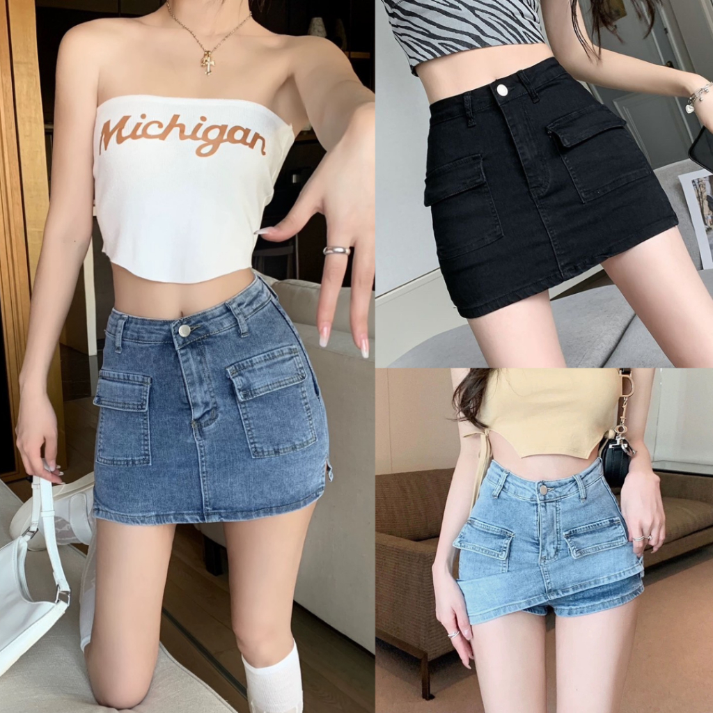 กระโปรงยีนส์สั้น S-10XL เอวสูง มีกางเกงซับด้านใน ผ้ายีนส์ยืดใส่สบาย