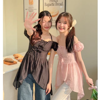 Jelly top : เสื้อแขนตุ๊กตาแต่งสายเดี่ยว เนื้อผ้าแก้ว ทรงแมงกะพรุน ร้อยเชือกปรับช่วงหน้าอกได้ KN.Clothes