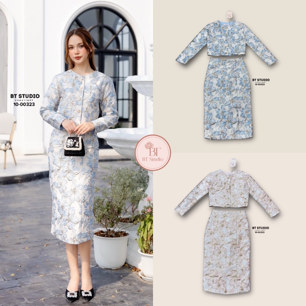 BT 10-00323 เซท 2 ชิ้น เสื้อเบเซอร์แขนยาวคอกลมแต่งกระดุมสีทองลายแต่งกระเป๋า 4 ชิ้นมาพร้อมกระโปรงจับจ