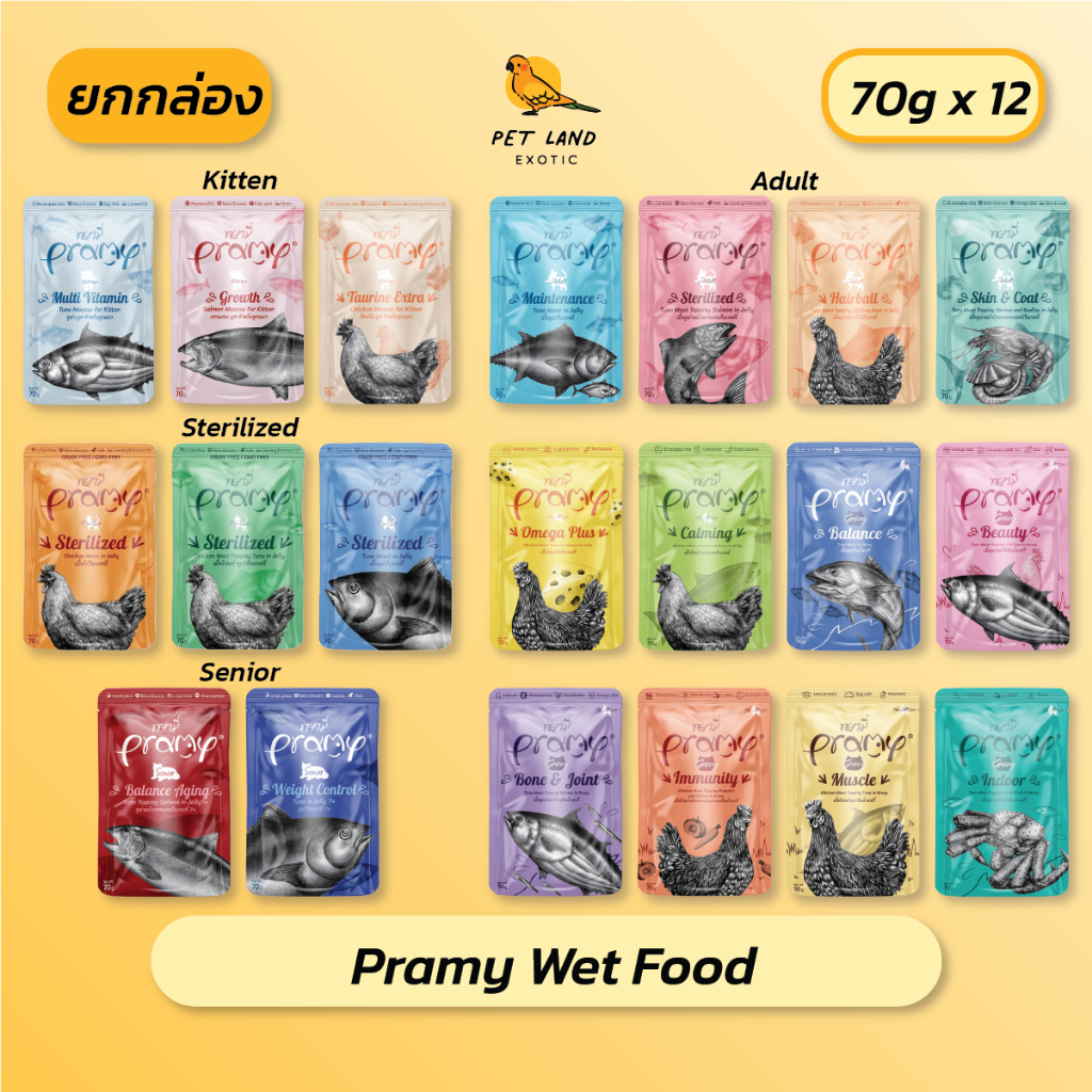 Pramy Wet Food พรามี่อาหารเปียกแมว เกรดพรีเมี่ยม สูตรลูกแมว แมวโต แมวสูงวัย 70g [1 กล่อง 12 ซอง]
