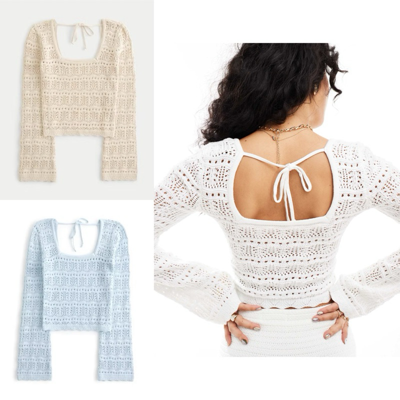(ของแท้💯) Hollister long sleeve square-neck crochet-style sweater เสื้อแขนยาว คอเหลี่ยม มี 3 สี