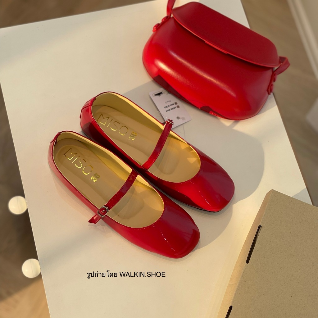 (พร้อมส่ง ผลิตในไทย) เบอร์ 35-42 MISO.BRAND รองเท้าแมรี่เจนสีแดงเชอร์รี่ หนังนิ่ม รุ่น LILY MARYJANE