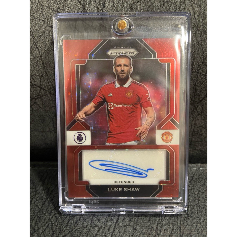 การ์ดฟุตบอล 2022-23 Panini Prizm Luke Shaw Auto Red Sparkle EPL