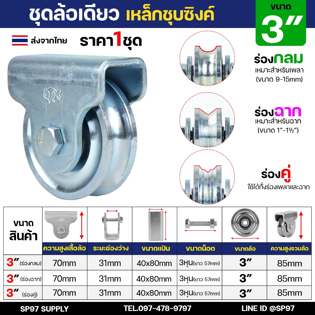 ชุด ล้อเดี่ยว 3 นิ้ว พร้อมล้อ (ตราปลา) เหล็กเหนียว ชุบซิงค์ ร่องกลม / ร่องฉาก สำหรับ ประตูรั้ว ประตูบานเลื่อน (1ชุด)