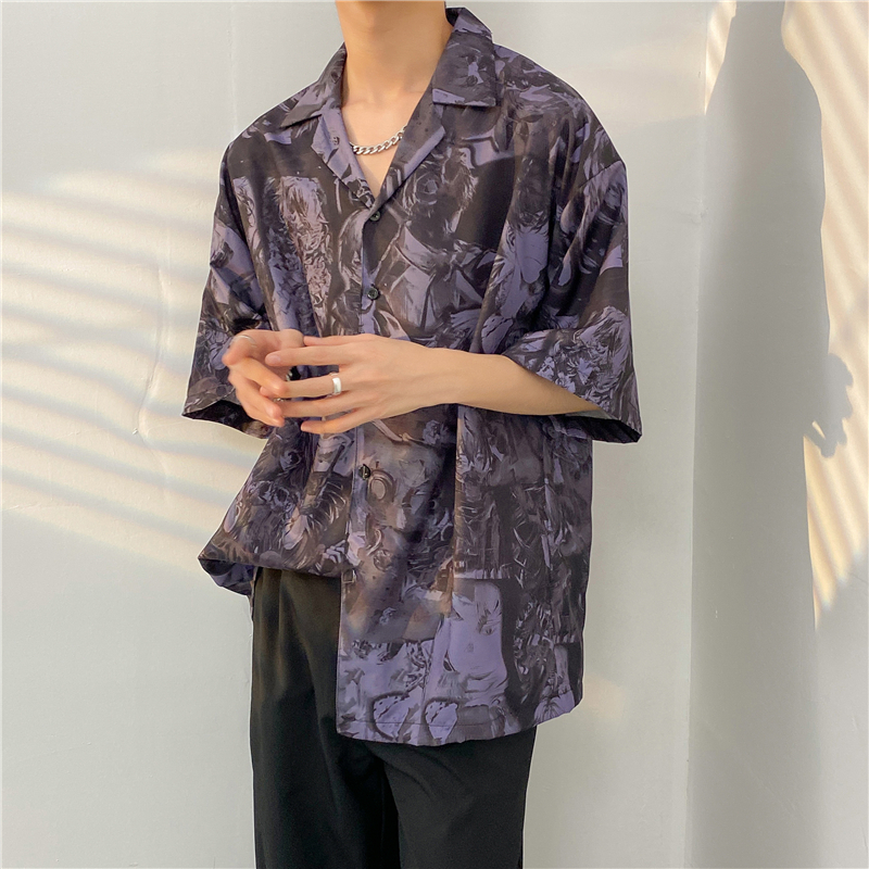 fashiongirl1688 เสื้อเชิ้ตผู้ชาย ลายการ์ตูนอนิเมะ สีม่วง คมๆ เข้มๆ ใส่แมทช์ได้หลากหลายลุค พร้อมส่ง