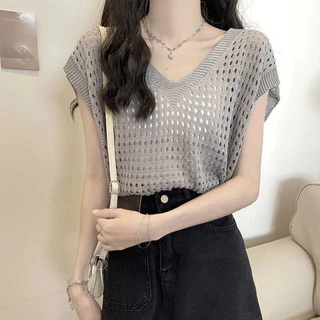 พร้อมส่งในไทย เสื้อตาข่ายคอวี แขนกว้าง ผ้าตาข่ายใส่หน้าร้อน เสื้อไปทะเล Y193