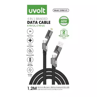 สายชาร์จ UVOLT 4-in-1 Multifunctional Cable 60W Fast Charge & Data Sync 1.5M Black (UV4In1-01BK) by Studio 7