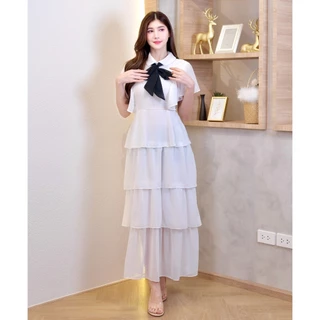 เดรสยาวผ้าซีฟองคอปกแขนระบายโบว์หน้าแต่งระบายชั้นๆซิปหลังพร้อมสายผูกเอว A5722