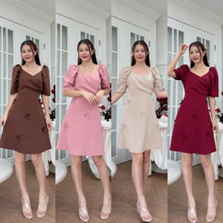 c108 ชุดเดรสจีบข้างแต่งโบว์