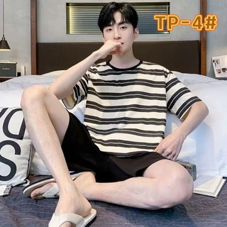 ใหม่/#TP-พร้อมส่ง ชุดนอนผู้ชาย ผ้ายืด ผ้านิ่ม เเขนสั้น+ขาสั้น พิมลาย