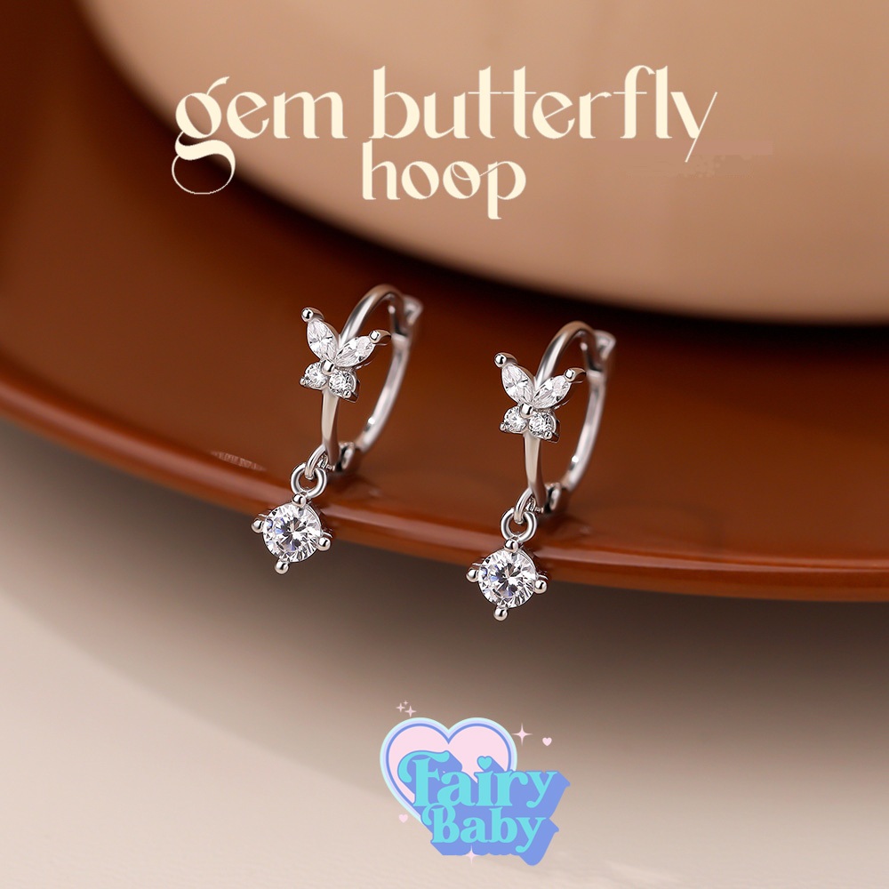 Fairybaby ต่างหู ห่วง Gem Butterfly Hoop (10มิล) ต่างหู ห่วง น่ารัก รูปผีเสื้อ ตุ้งติ้งเพชร สีขาว เล่นแสง  (E2-041)