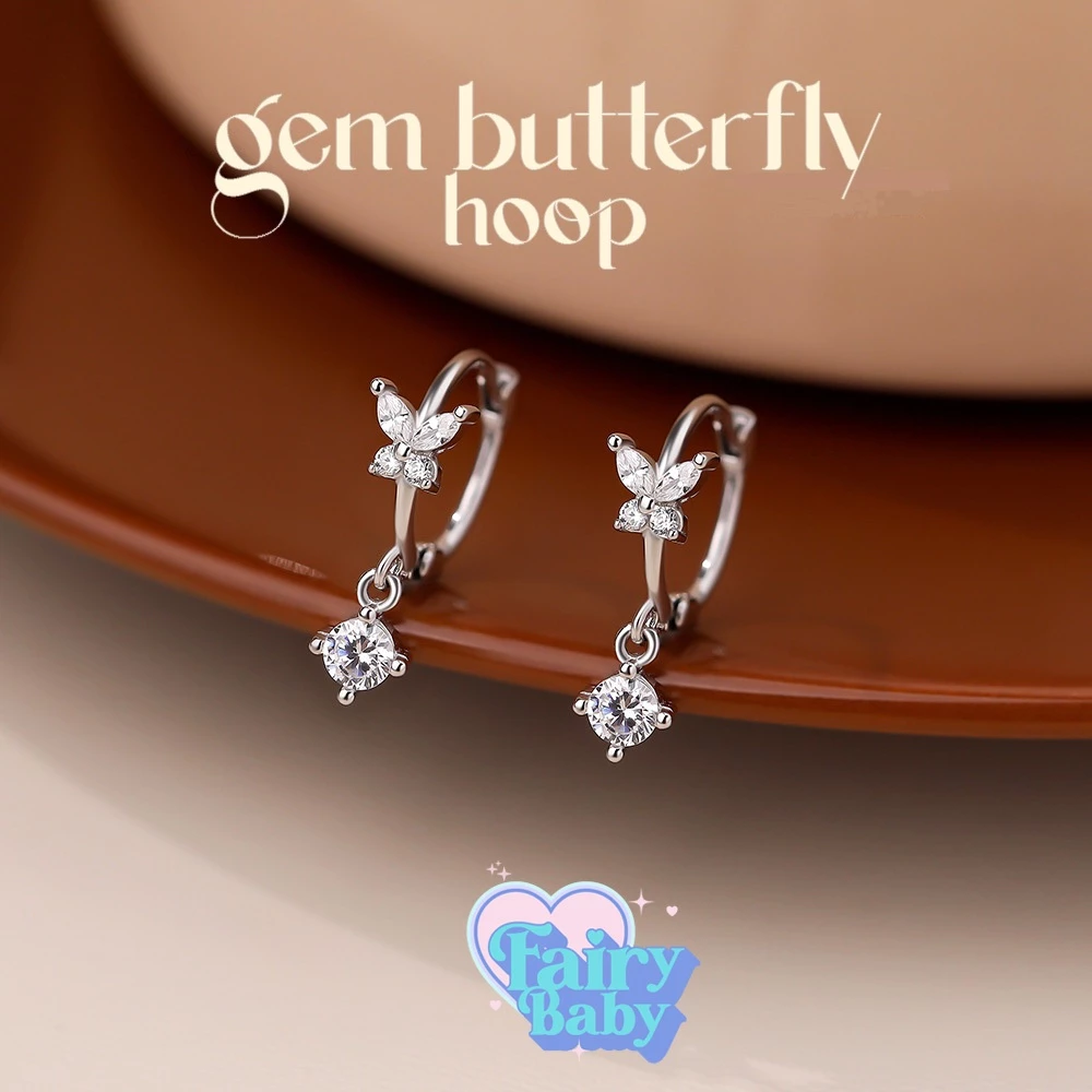 Fairybaby ต่างหู ห่วง Gem Butterfly Hoop (10มิล) ต่างหู ห่วง น่ารัก รูปผีเสื้อ ตุ้งติ้งเพชร สีขาว เล่นแสง (E2-041)