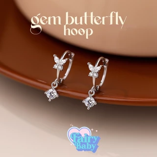 Fairybaby ต่างหู ห่วง Gem Butterfly Hoop (10มิล) ต่างหู ห่วง น่ารัก รูปผีเสื้อ ตุ้งติ้งเพชร สีขาว เล่นแสง (E2-041)