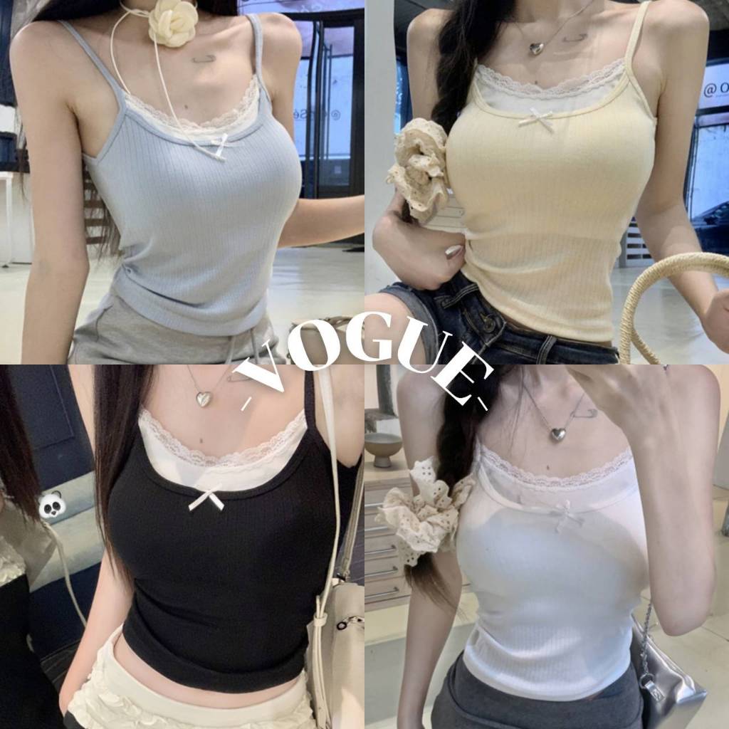 Vogue🌟พร้อมส่ง🌟 เสื้อสายเดี่ยวคอกลม มีฟองน้ำ ดีเทลแต่งขอบลูกไม้ ติดโบว์ (FY2109-P)