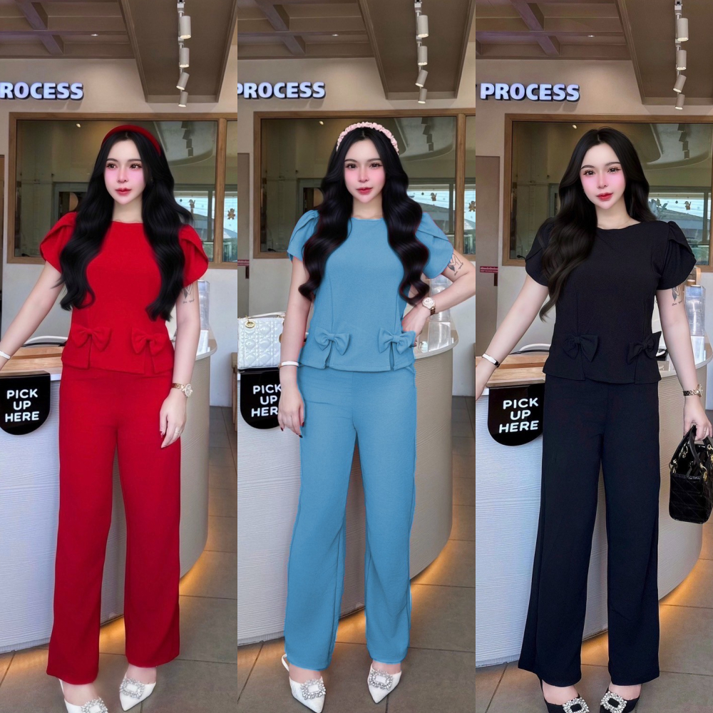 สินค้าพร้อมส่ง ชุดเซตผ้าวูลเวฟ เสื้อแขนกุหลาบแต่งโบว์หน้า+กางเกง  A2295