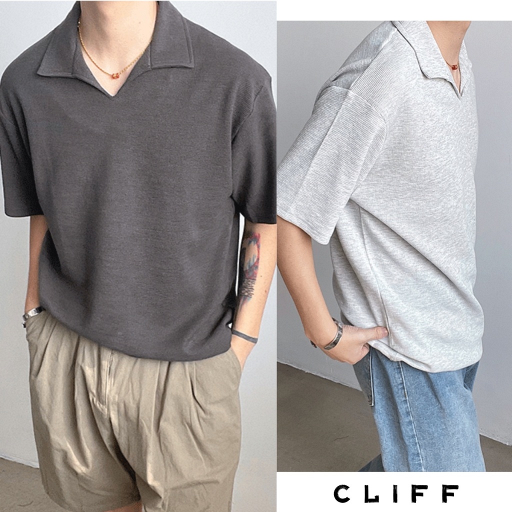 CLIFF เสื้อเชิ้ตผู้ชาย สีล้วน คอวี เรียบง่าย เสื้อคอปก ชุดคู่รัก ความรู้สึกระดับสูง
