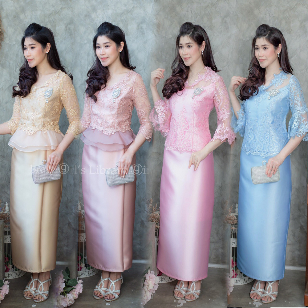 M-XXL ชุดไทยประยุกต์,ชุดผ้าไหม,ชุดผ้าถุง เซท 2ชิ้น เสื้อลูกไม้+กระโปรง สีชมพู/ฟ้า/ทอง/โรสโกล  (763,9