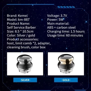 Kemei KM-887 ปัตตาเลี่ยนตัดผมไฟฟ้า หัวกลม หมุนได้ 360 องศา ชาร์จ USB สําหรับผู้ชาย