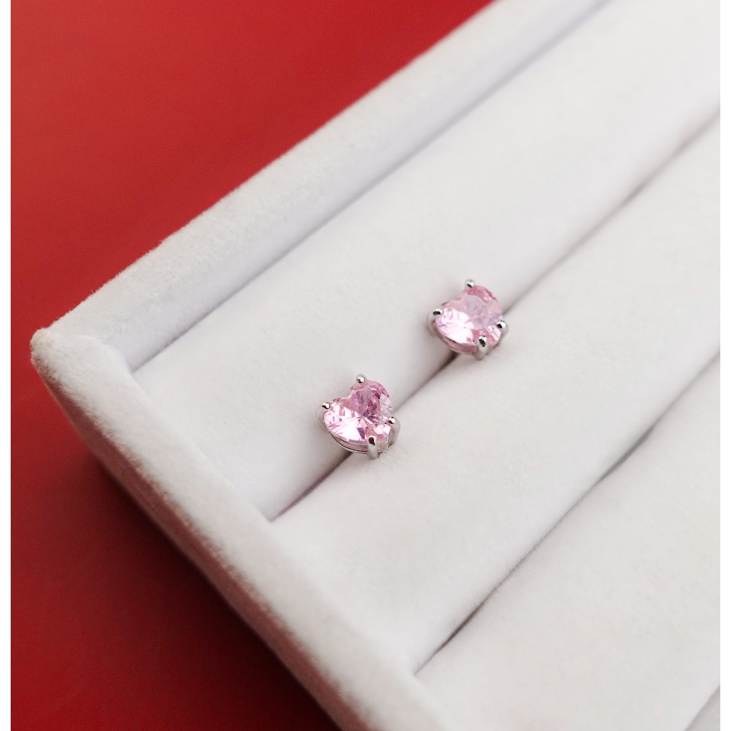 Mini Gems ต่างหูเพชรสวิส CZ ต่างหูเงินแท้ 92.5 เพชรหัวใจ สีชมพู ต่างหูหัวใจ 5mm - รูปที่ 2