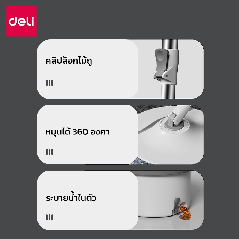 [ของขวัญฟรี] Deli ชุดถังปั่น ไม้ถูพร้อมถังปั่น หมุนได้360℃ ถังแยกน้ำสะอาด-สกปรก แถมไม้กวาด Spin mop - รูปที่ 6