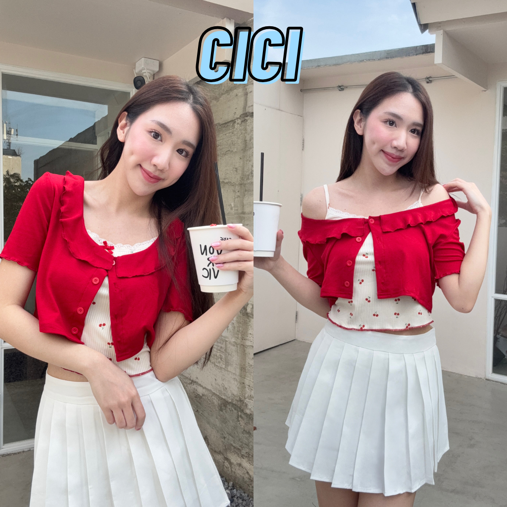 ส่งทันที Cici(NO. J1620-1) Set 2 ชิ้น เสื้อคลุมแขนสั้น+สายเดี่ยวลายเชอร์รี่ ติดโบว์จิ๋ว น่ารัก