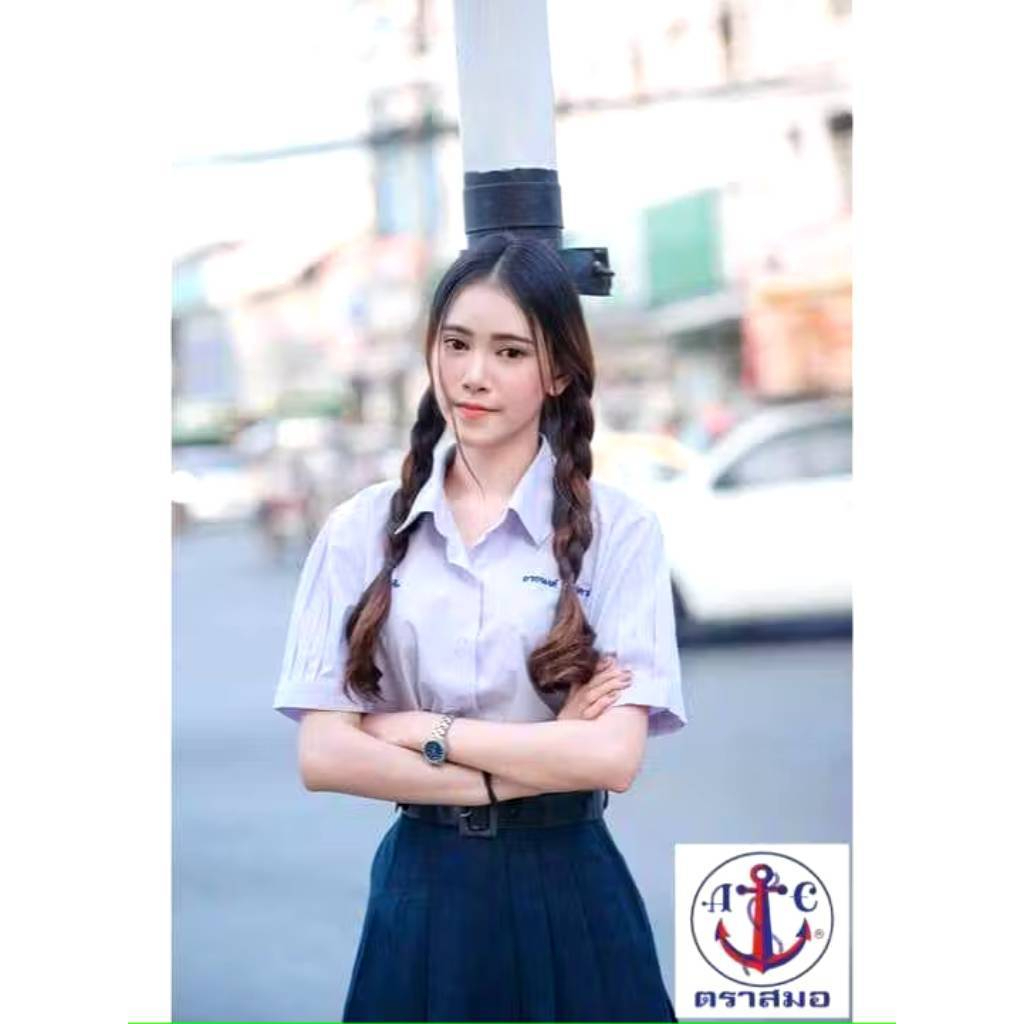 เสื้อนักเรียน ม.ปลาย ม.4-6 ตราสมอ เสื้อเตรียมหญิง แขนพอง  เสื้อนักเรียนมัธยมปลาย