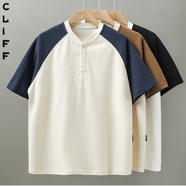 CLIFF เย็บแขนสีเสื้อยืดคอกลม เสื้อยืดแขนสั้นใส่สบายเรียบง่าย ทรงหลวม unisex เสื้อผ้าคู่