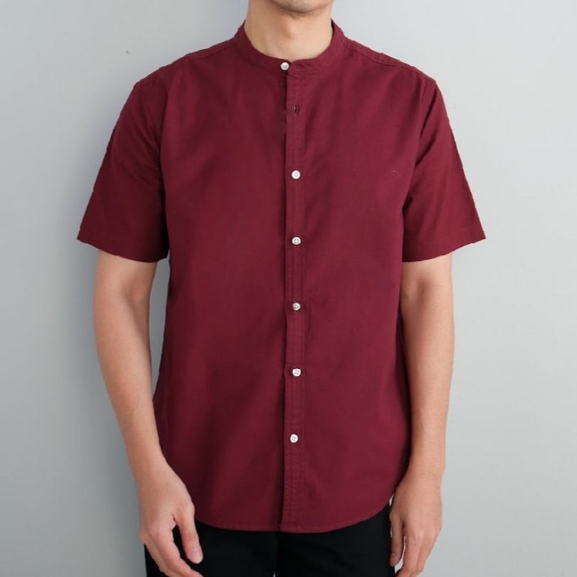era-won เสื้อเชิ้ต  คอจีน รุ่น OXFORD SHORT-SLEEVED MANDARIN COLLAR 100% COTTON ทรง Regular สี Maroon
