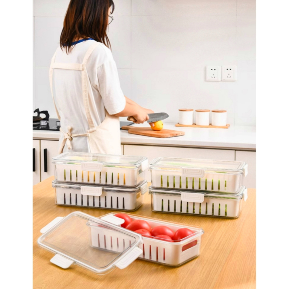 กล่องเก็บของในตู้เย็น ภาชนะเก็บอาหาร ภาชนะเก็บผลไม้ในตู้เย็นพร้อมตะกร้าระบายน้ำ กล่องกรองผักแบบซ้อนได้พร้อมฝาปิด - รูปที่ 2