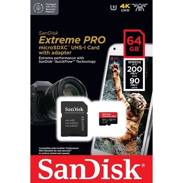 SanDisk Extreme Pro Micro SDXC 64GB-128GB A2 (SDSQXCU, SDSQXCD) ความเร็วสูงสุด อ่าน 200MB/s เขียน 90MB/s