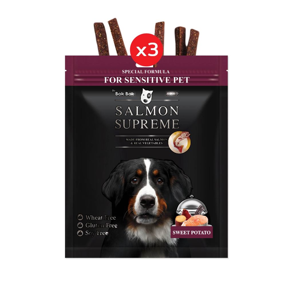 Bok Bok ขนมน้องหมา แซลมอนซูพรีมสูตร มันหวาน 3 ซอง สูตรคลีน ปราศจากแป้งสาลี ข้าวโพด ถั่วเหลือง น้องหมาแพ้ง่ายก็ทานได้