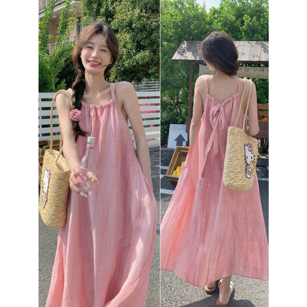 เดรสผู้หญิง 🎀สไตล์ลำลอง แบบผูกเชือก แต่งสม็อค ชุดเดรสยาว  ชุดเที่ยวทะเล เนื้อผ้าใส่สบาย เดรสทรงหลวม