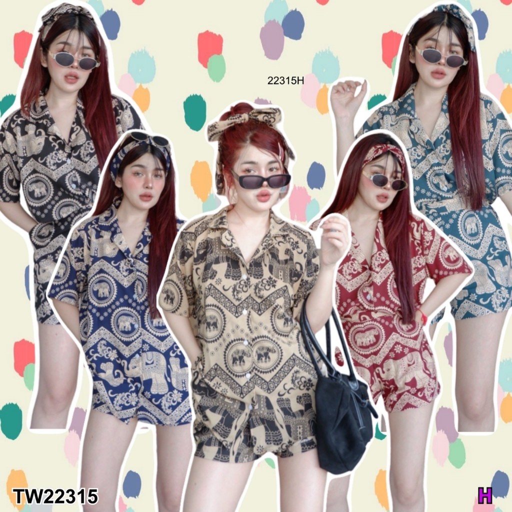 Set ช้าง 3 ชิ้น เสื้อเชิ้ตแขนสั้น + กางเกงขาสั้น +สายโบว์ TT22315