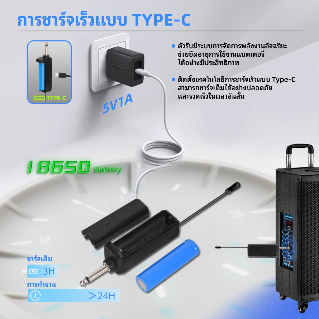 ไมโครโฟนไร้สาย UHF 2.4GHz แบบพกพา ใช้แบตเตอรี่ AA ให้เสียงคุณภาพสูง เหมาะสำหรับการแสดง การประชุม