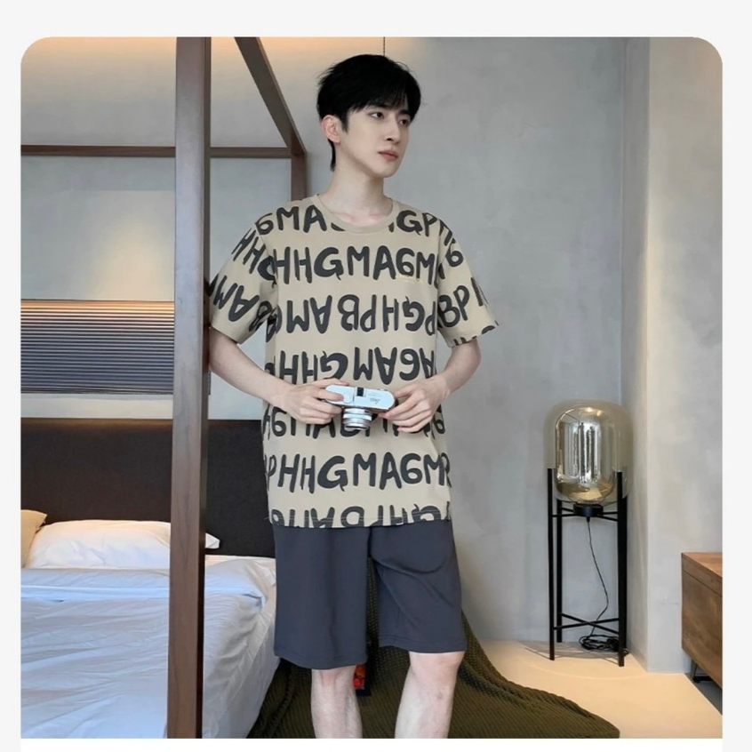 ใหม่/#TP-พร้อมส่ง ชุดนอนผู้ชาย ผ้ายืด ผ้านิ่ม เเขนสั้น+ขาสั้น พิมลาย