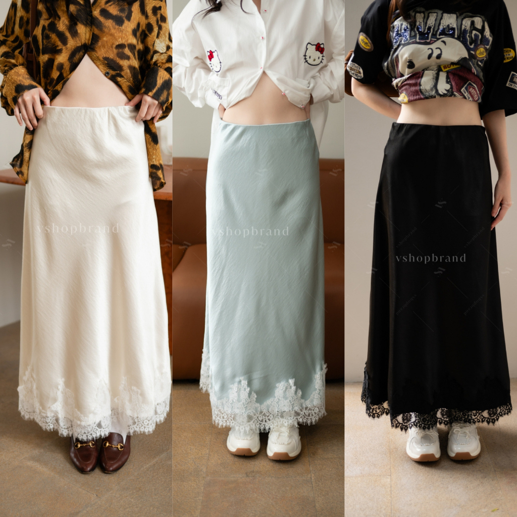พร้อมส่ง กระโปรงยาววาเลนกุ้นลูกไม้ชาย งานป้าย vshopbrand
