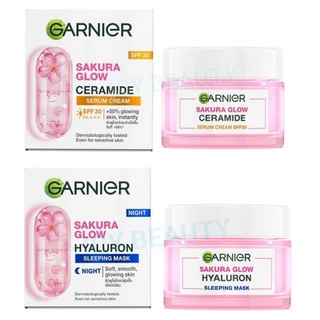 EXP.ปี2027 โฉมใหม่ Garnier Sakura Glow ชุดขาวอมชมพู มีให้เลือก เดย์ครีม 50มล และ ไนท์ครีม 50 มล