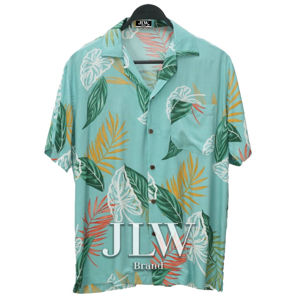 เสื้อฮาวาย ลายใบพริ้ว เขียว ผ้านิ่ม M L XL Oversize คอฮาวาย JLW BRAND
