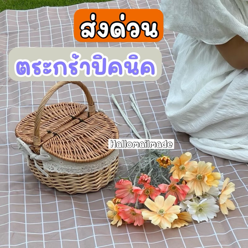 พร้อมส่ง🇹🇭 (ค่าส่งถูก) ตะกร้าปิกนิก ตะกร้าหวาย ตระกร้าสาน มีผ้าบุภายในให้ฟรี สไตส์คาเฟ่