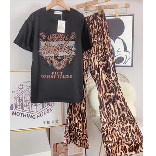 ชุดเซ็ต ผ้านิ่ม เสื้อ + กางเกงขาม้าลายเสือ Free size