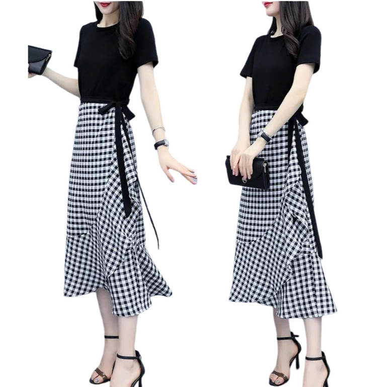 FASHION.61 ชุดเดรสเซต 2 ชิ้น เสื้อแขนสั้น +กางโปรงลายสก๊อตผูกข้าง แฟชั่นน่ารัก รุ่น W857