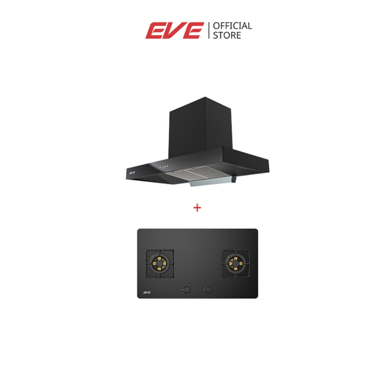 EVE  SET เตาแก๊ส 2 หัวแบบฝัง HB78-2BBTA/BG + เครื่องดูดควันติดผนังHC-LOFTBOX-90