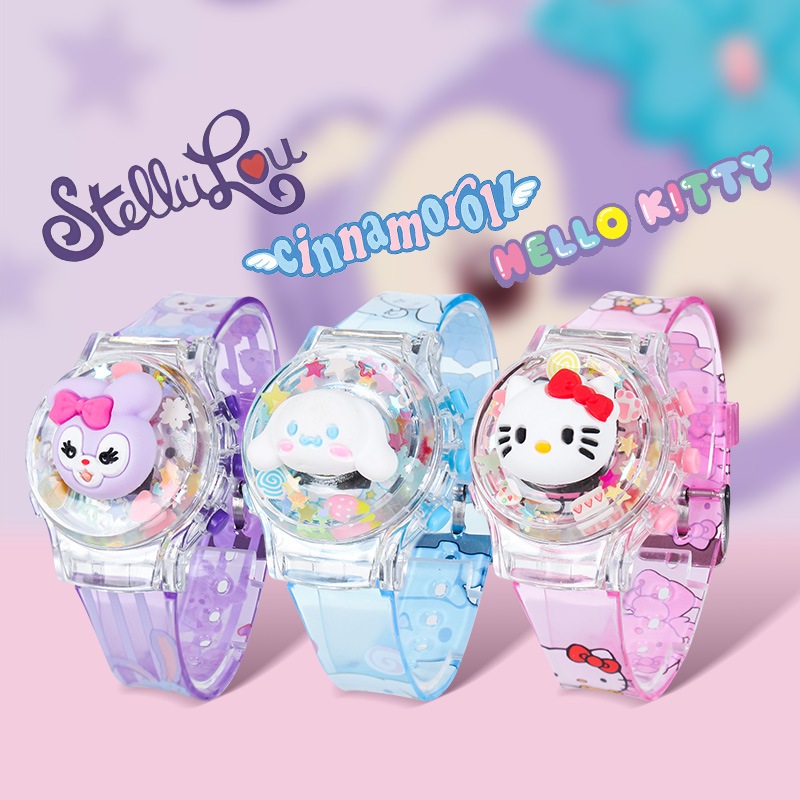 SANRIO นาฬิกา ซานริโอ คุโรมิ พร้อมกล่องของขวัญสําหรับเด็กผู้หญิงหมุนเรืองแสงเพลงนาฬิกาที่มีสีสันกระพริบเด็ก นํา นาฬิกาสํ