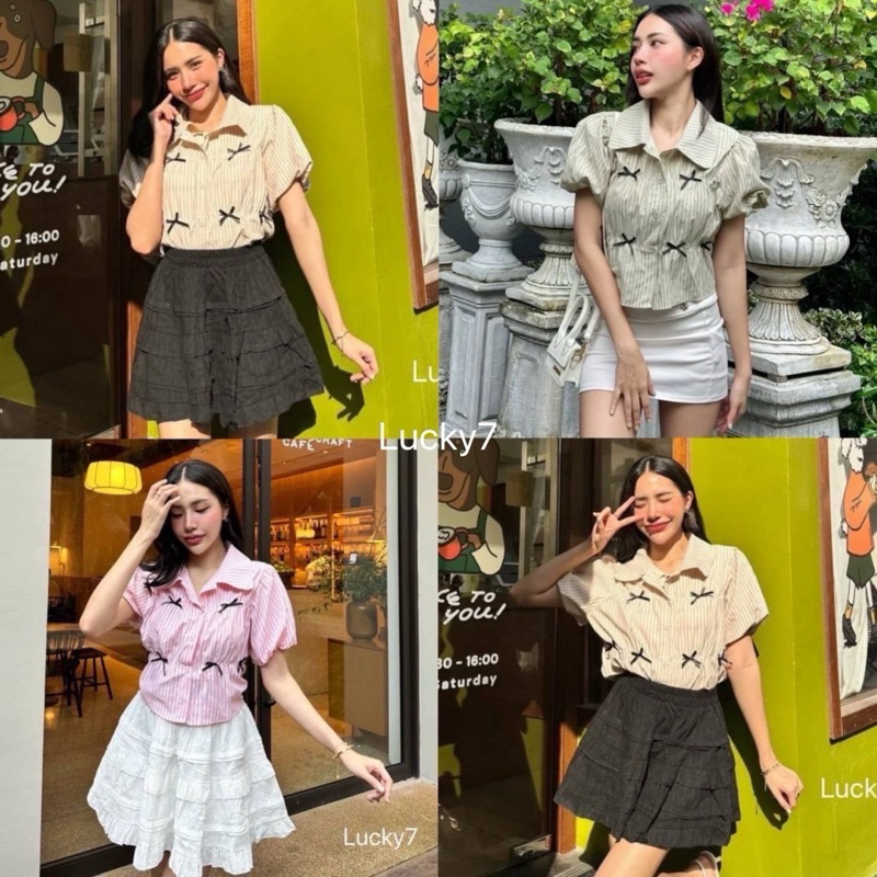 BY IRA (252)Cute Ribbon Top เสื้อเชิ้ตลายทางเเขนตุ๊กตาติดโบว์